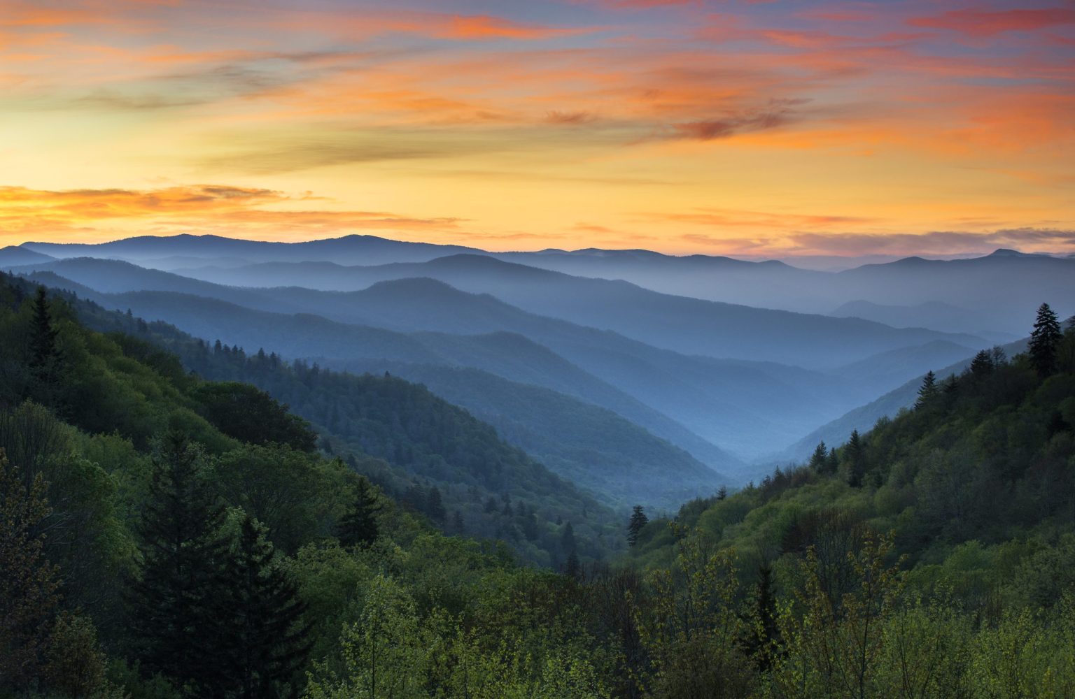 Layered ridges of the Great Smoky Mountains at sunset