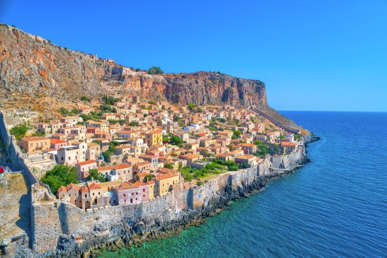 Aerial view of the fortified town of Monemvasia on its rocky peninsula