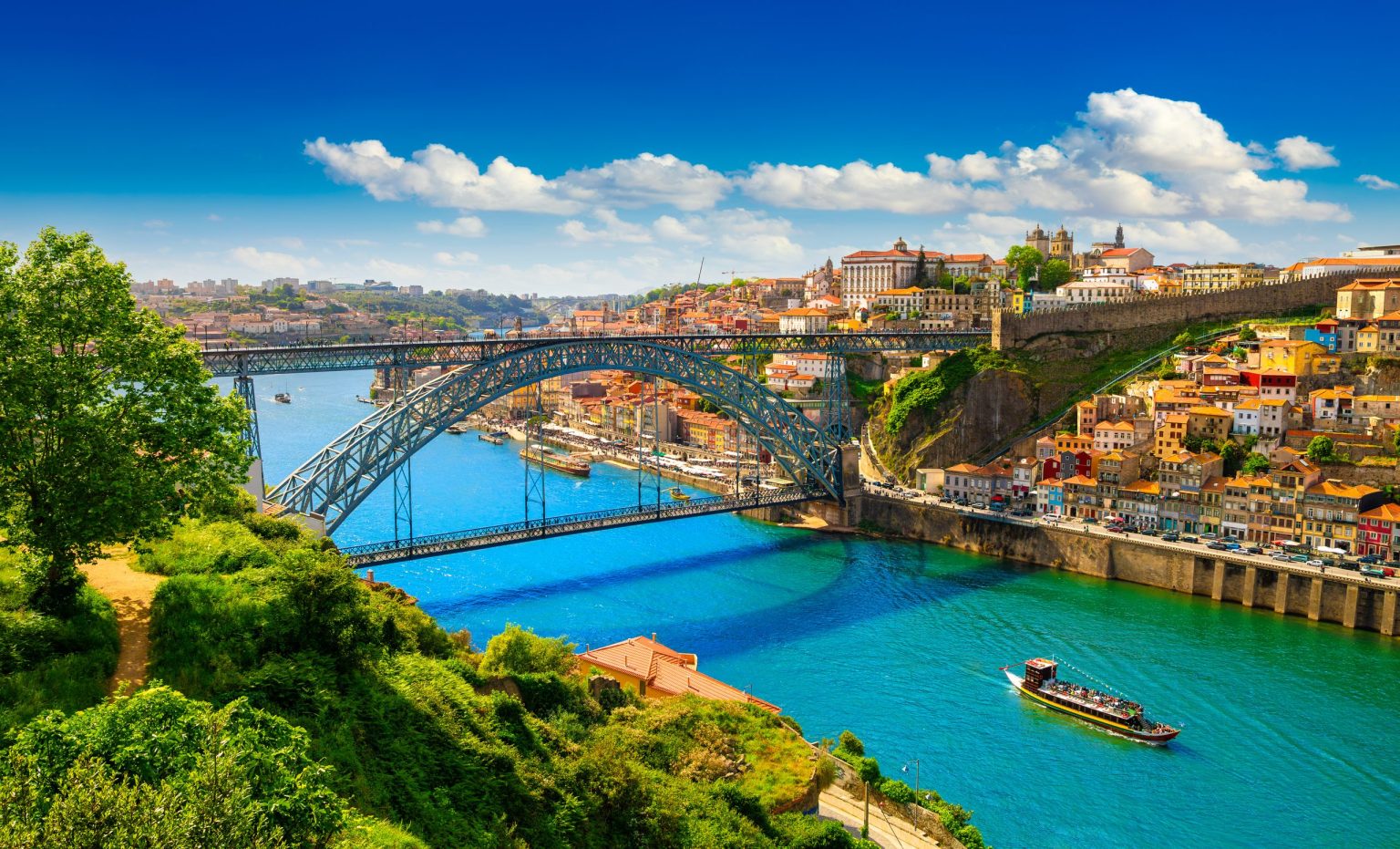 Rabelo boats moored on the Douro along Porto's Ribeira riverfront