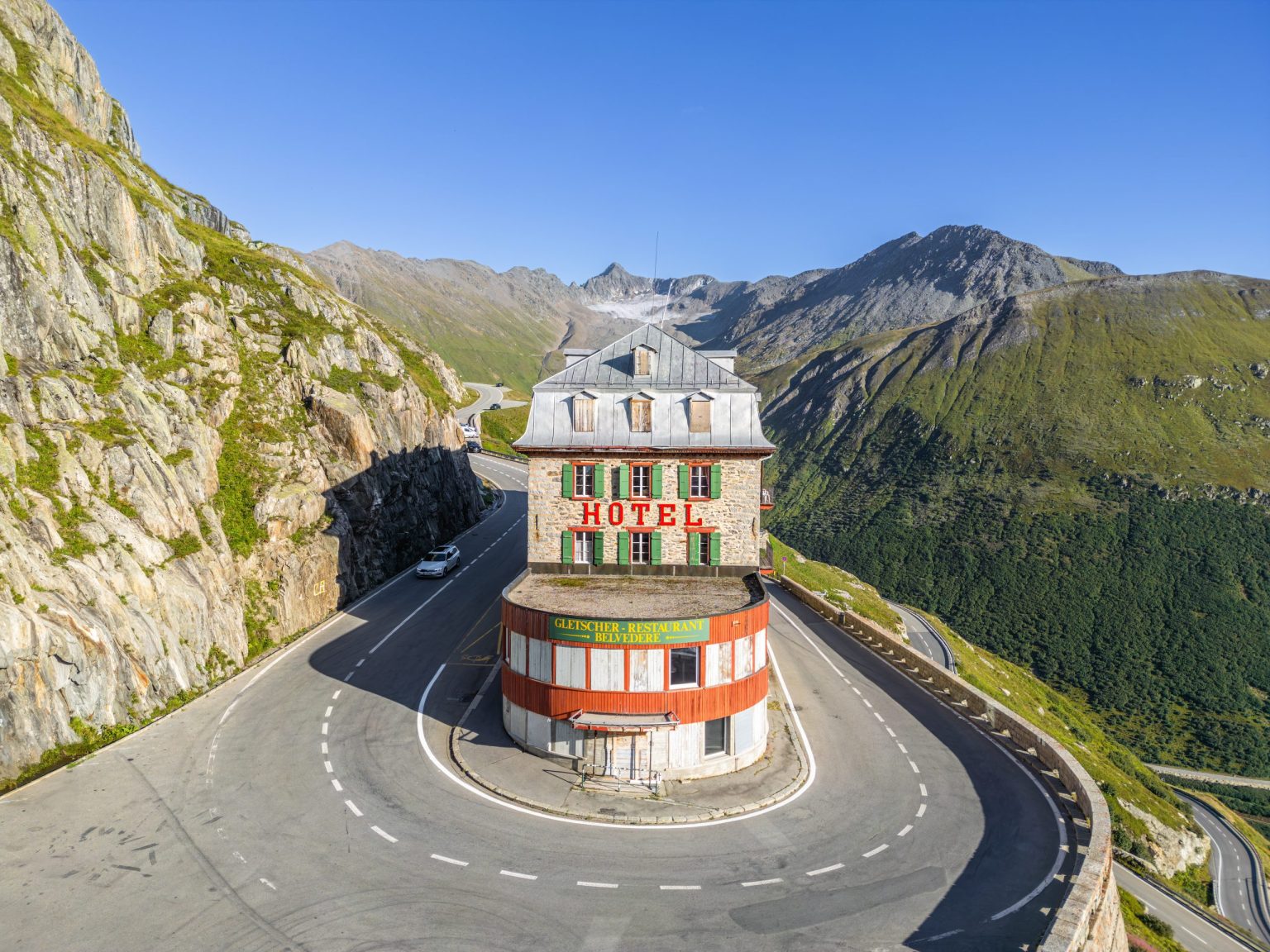 Aerial view of the Hotel Belvedere hairpin on the Furka Pass, Switzerland