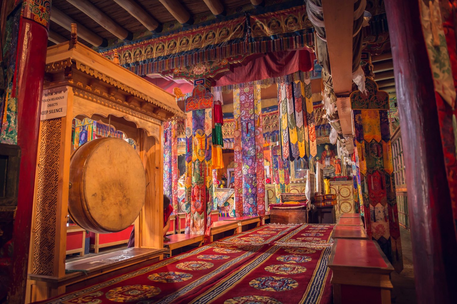 Prayer hall of a Tibetan Buddhist monastery in Ladakh
