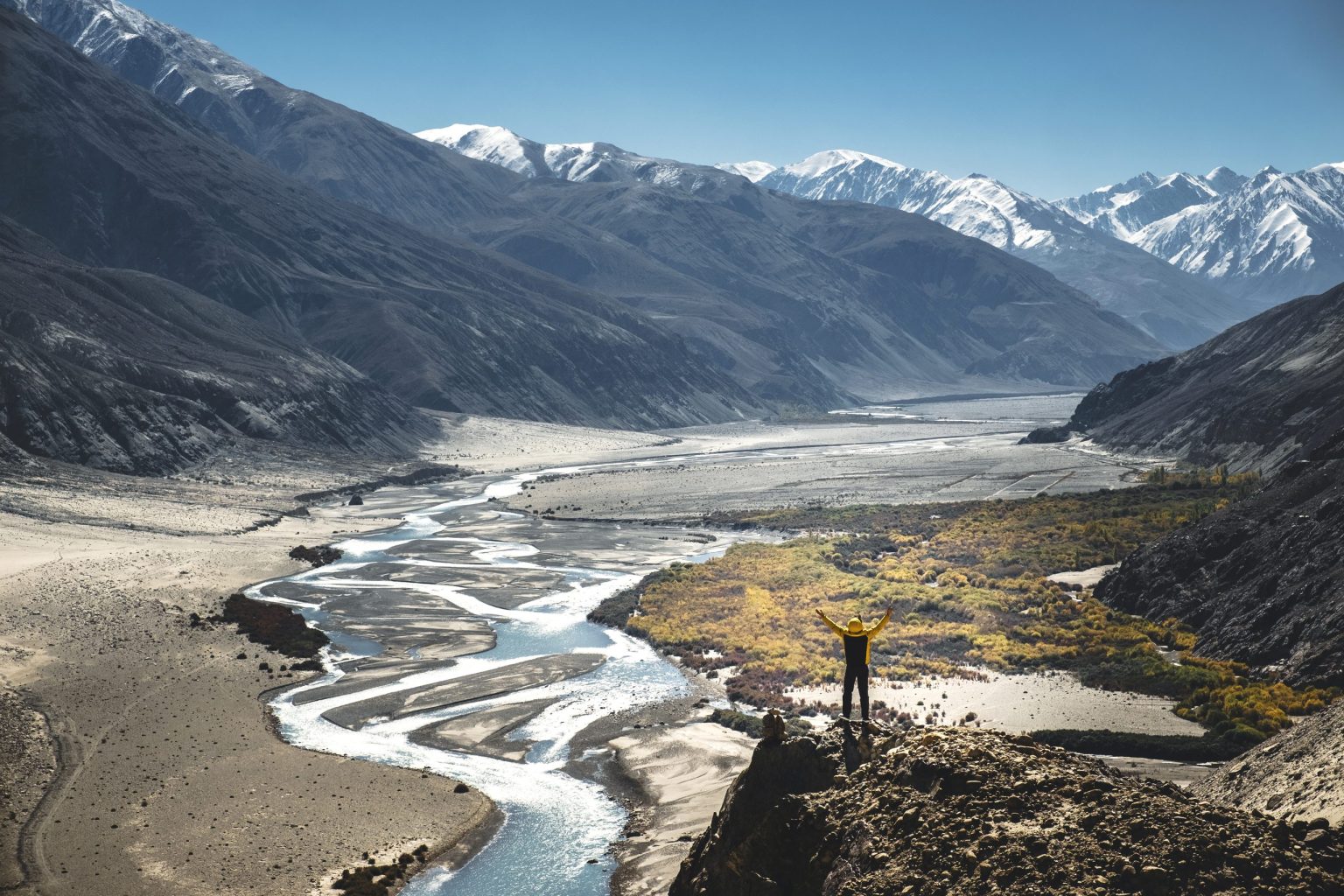 Braided river valley beneath Himalayan peaks in Ladakh