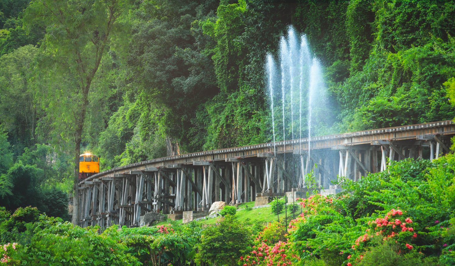 A train crossing the Bridge on the River Kwai, Kanchanaburi