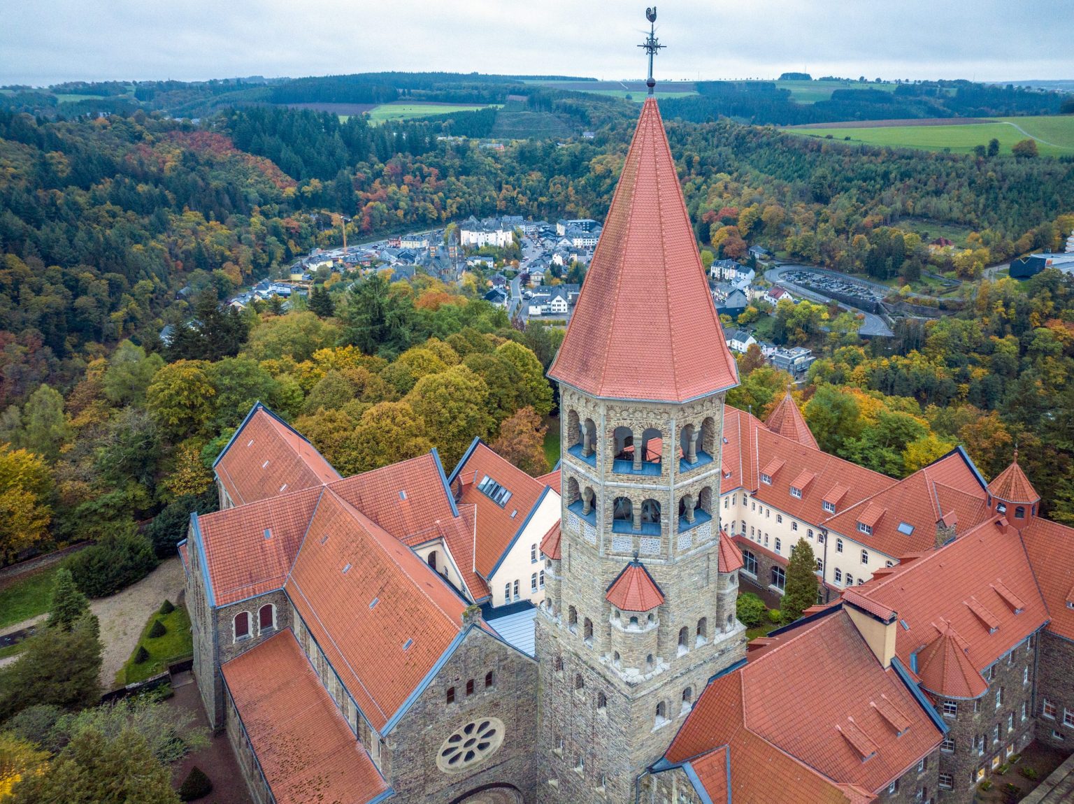 Aerial view of Clervaux Abbey in autumn, Luxembourg Ardennes