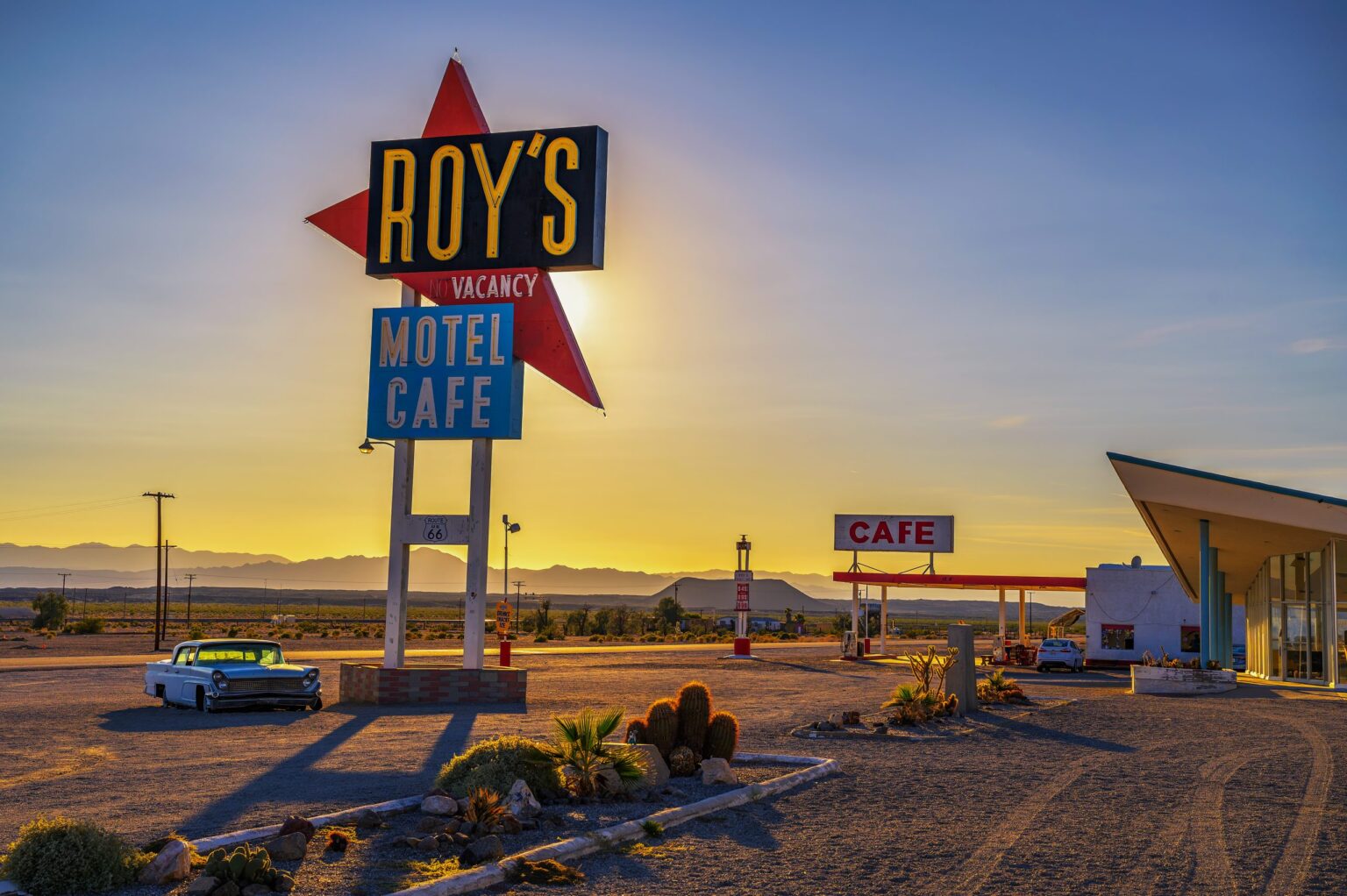 Roys motel cafe amboy route 66 neon sign sunset