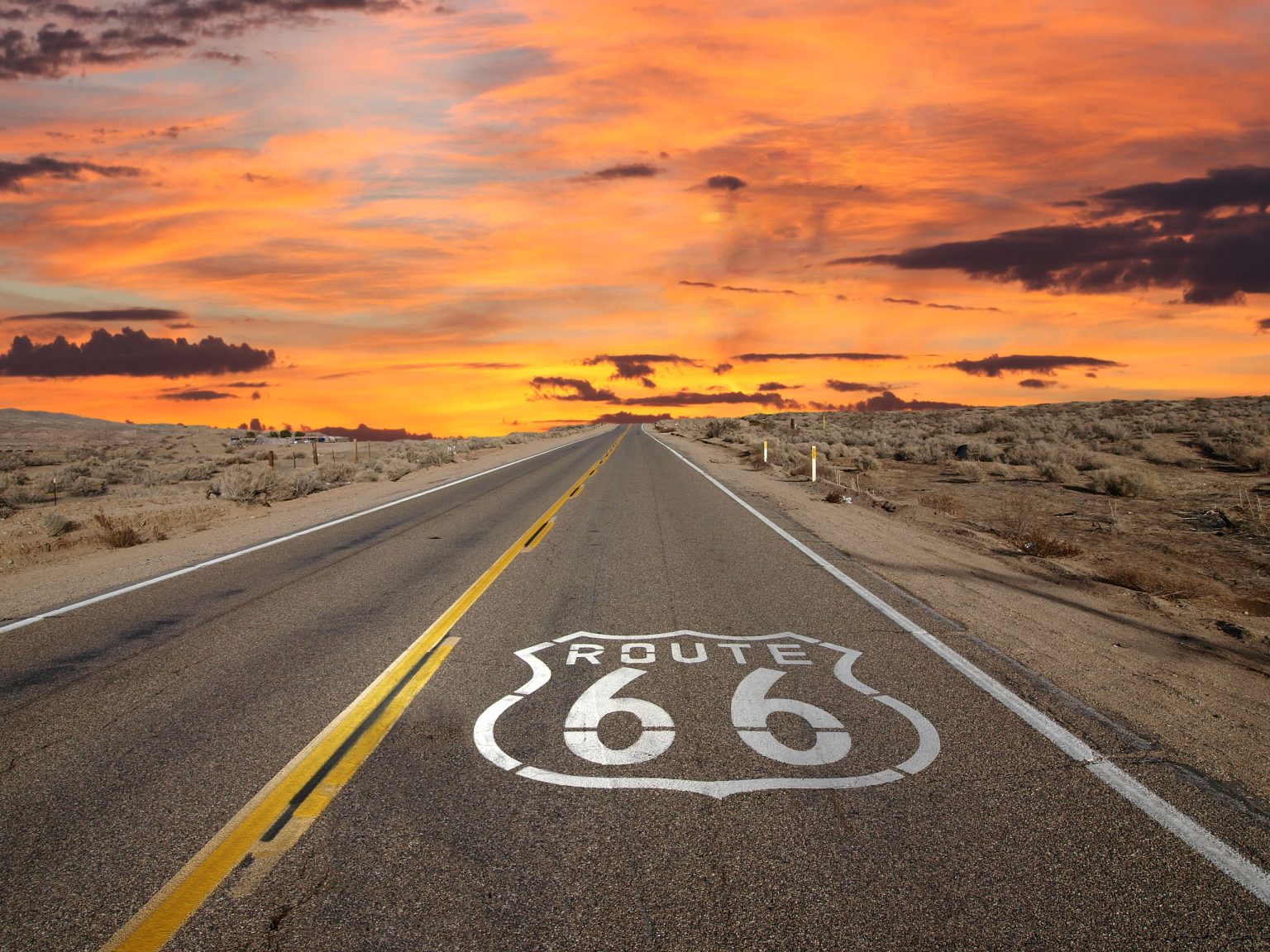 Route 66 shield painted on the road at sunrise in the Mojave Desert