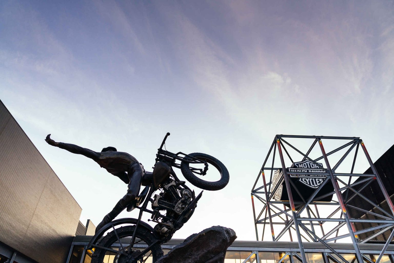 Motorcycle sculpture and steel frame sign at the Harley-Davidson Museum