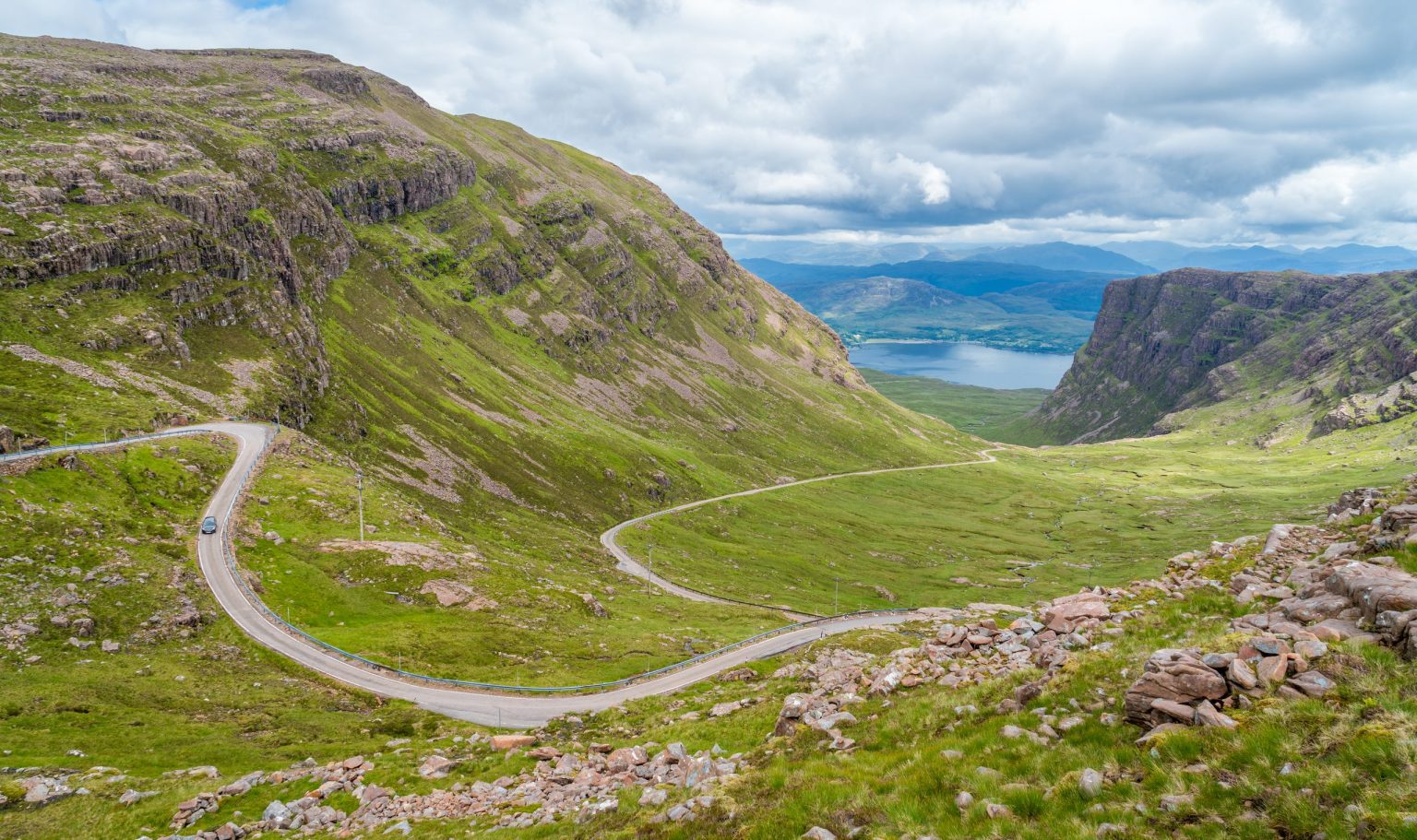 The Bealach na Ba road winding over the Applecross pass, Scottish Highlands