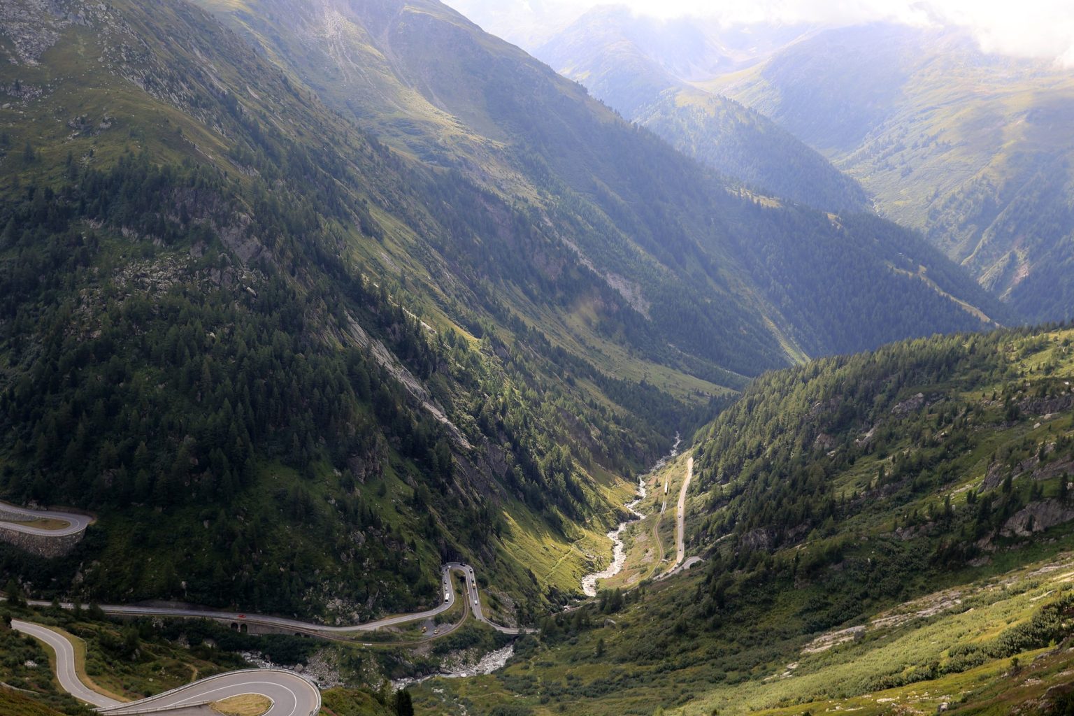Road and tunnel on the Furka Pass descent towards the Rhone gorge