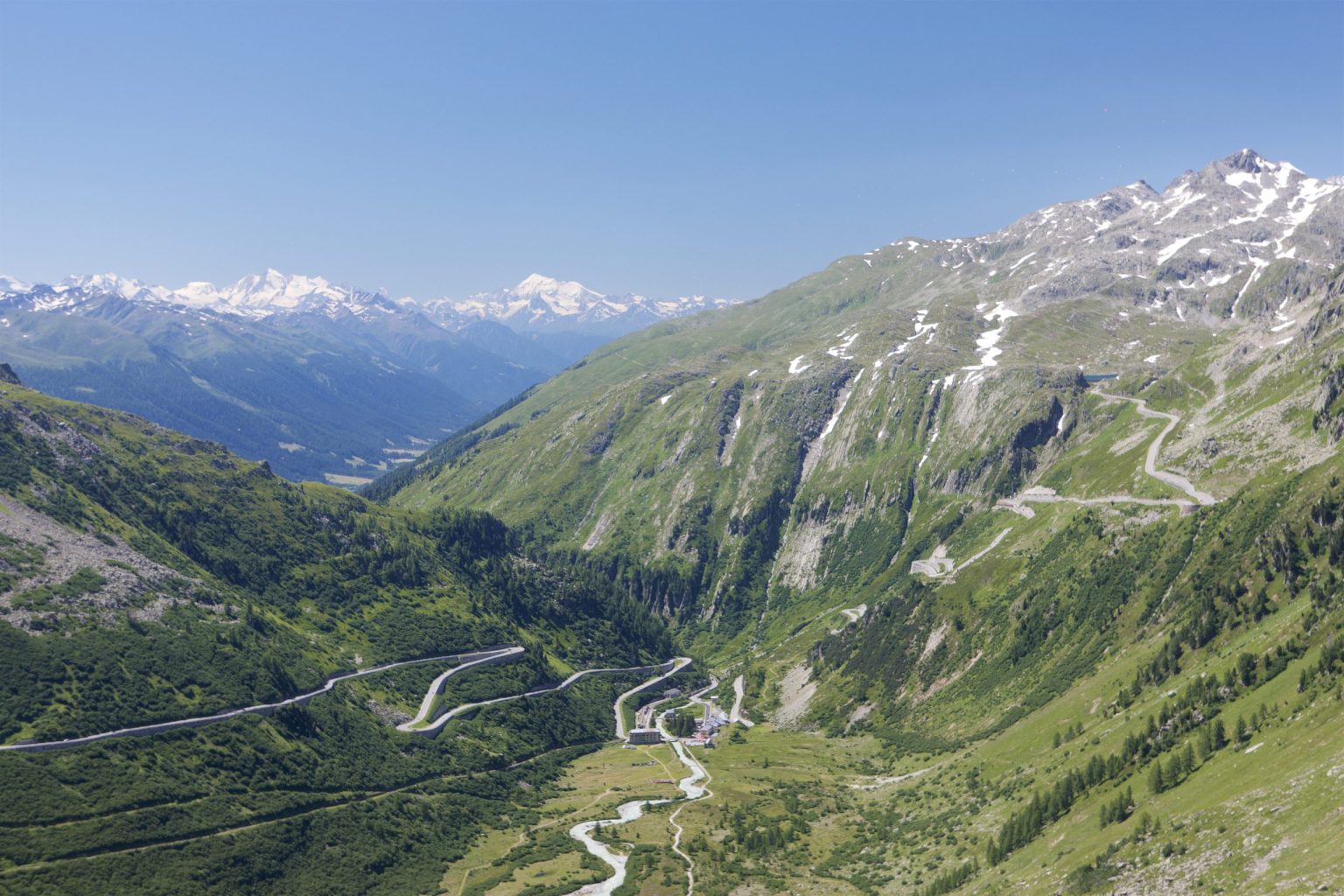 Furka Pass hairpins above Gletsch and the Rhone valley, Swiss Alps