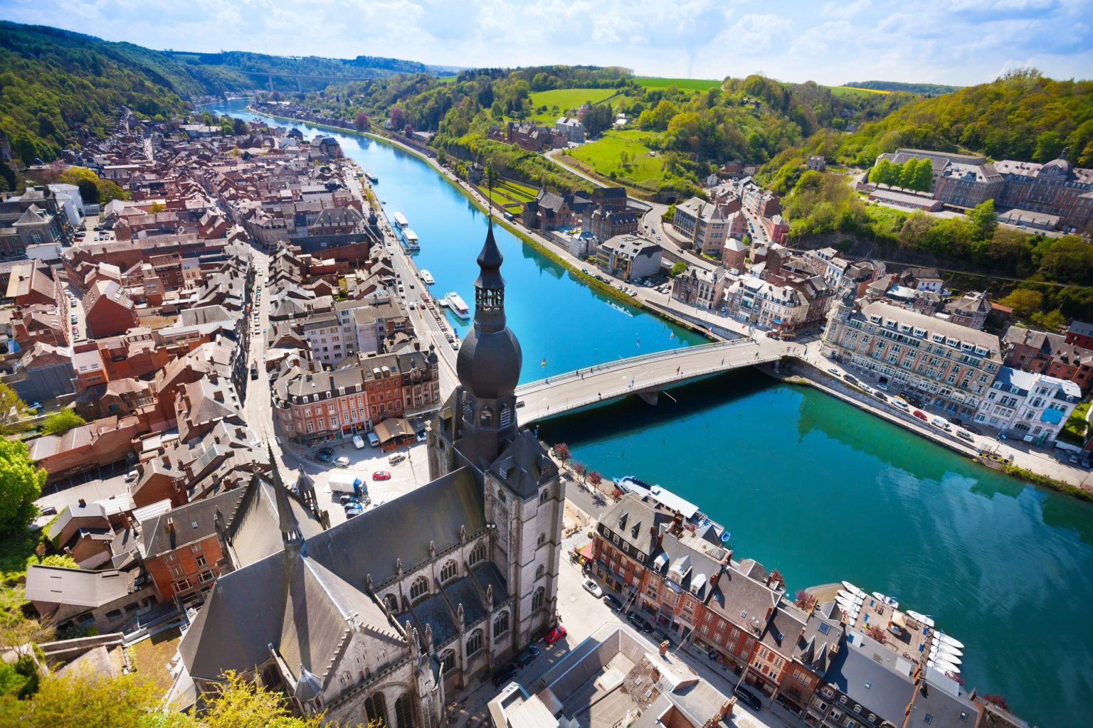 Aerial view of Dinant in the Meuse valley, Wallonia