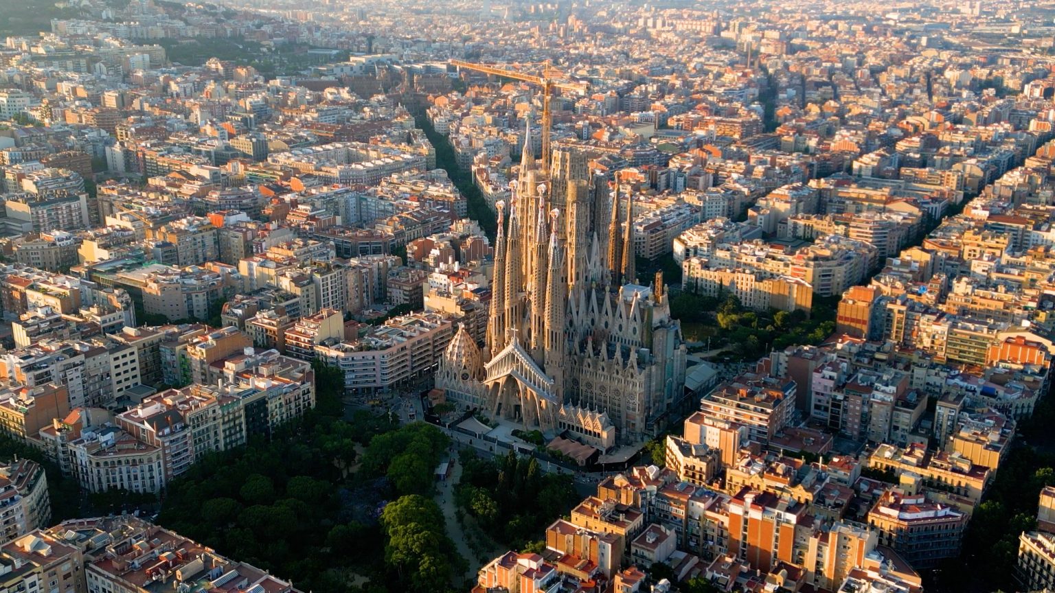Aerial view of the Sagrada Familia rising above Barcelona