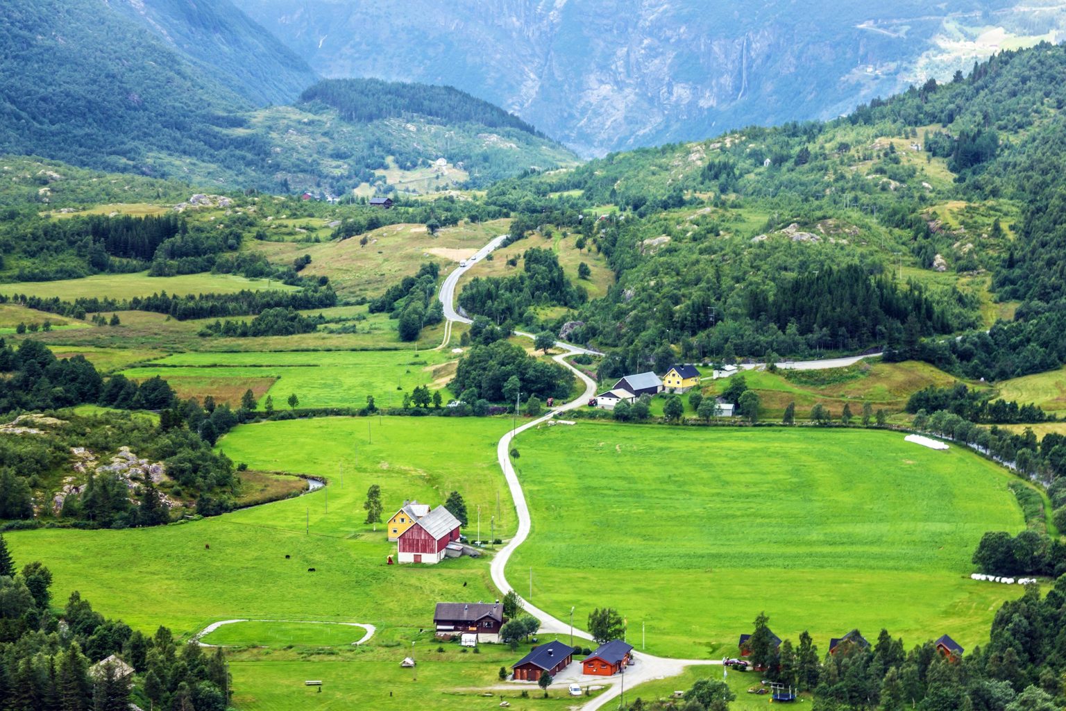 Mountain farms above Geiranger below Dalsnibba