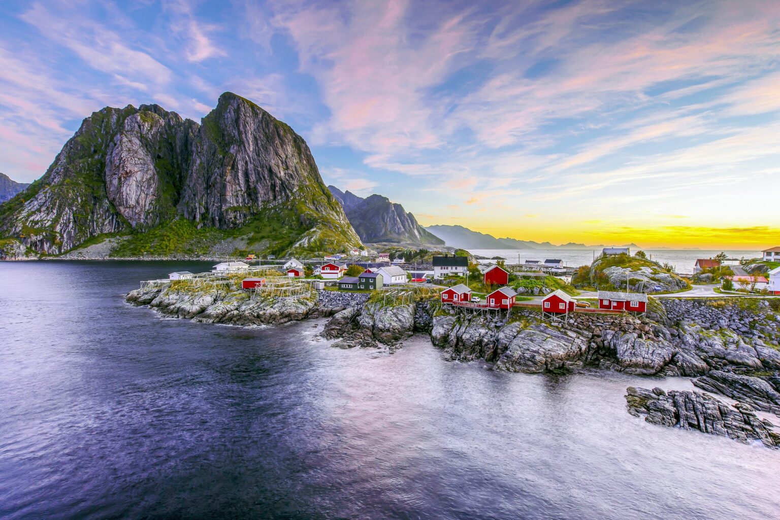 Fishing cabins at Hamnøy, Lofoten, at sunrise