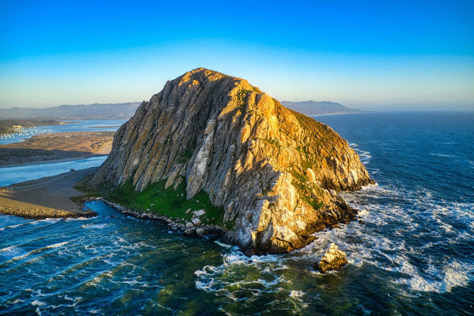 Morro Rock and the Pacific coast at Morro Bay, California